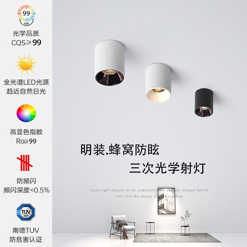 全光谱Ra99显指明装筒灯客厅餐厅走廊低蓝光护眼深防眩无主射灯