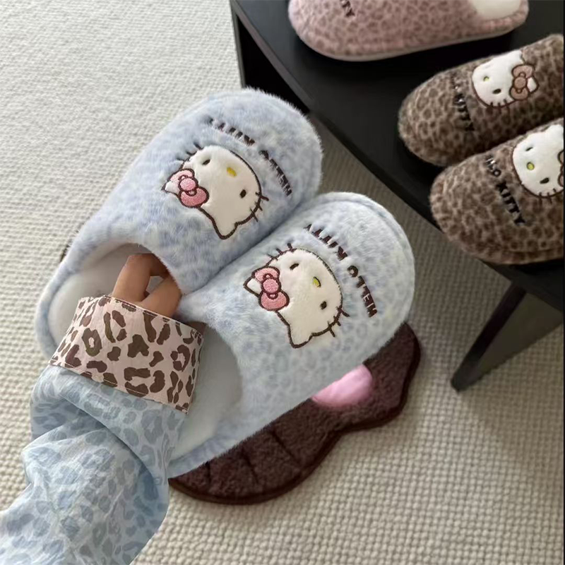 凯蒂猫豹纹棉拖鞋女冬居家室内HelloKitty加绒保暖耐磨防滑地板拖