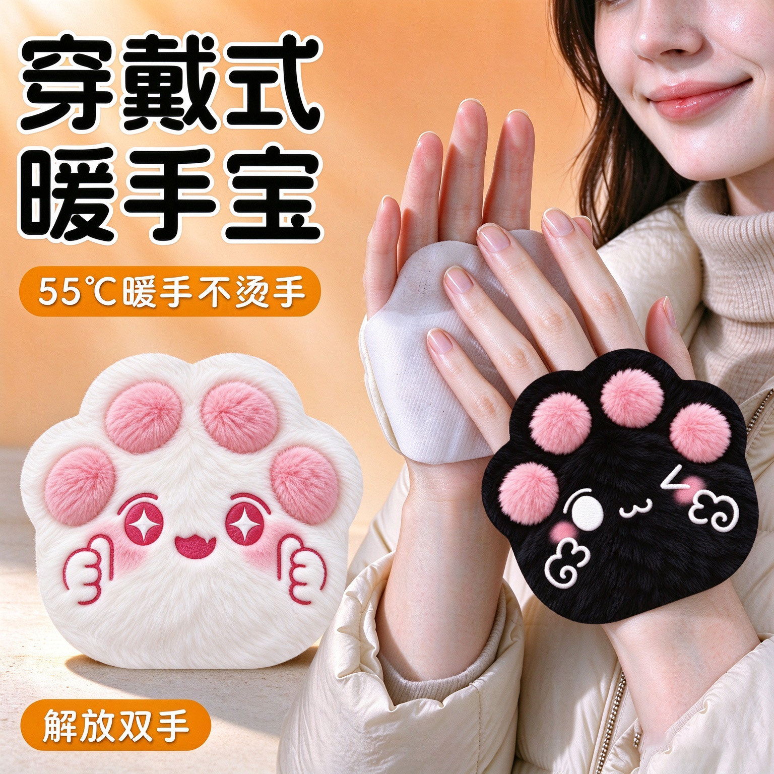 卡通穿戴式暖手贴学生专用可爱猫爪自发热暖宝贴学生防寒暖手宝