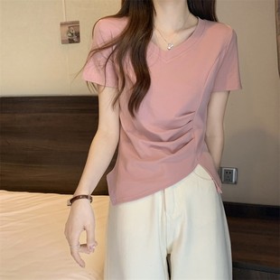 打底衫 不規(guī)則V領(lǐng)短袖 大碼 胖mm顯瘦遮肚上衣氣質(zhì)漂亮小衫 T恤女夏裝