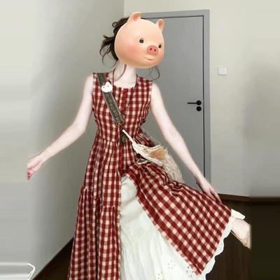 高级小众不撞款红色格子连衣裙子女夏2025新款爆款小个子法式长裙