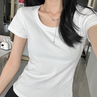 棉夏日季 浅与书正肩t恤纯白色女内搭打底衫 u领上衣款 修身 背心短袖