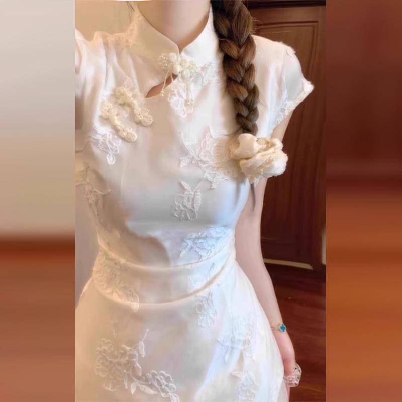 新中式国风改良旗袍连衣裙女夏小个子高级感绝美法式白色礼服裙子
