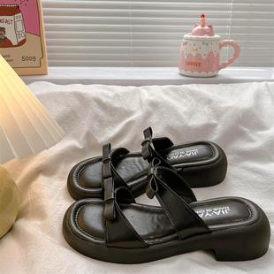 沙滩海边度假配裙子一字 新品 法式 蝴蝶结粗跟厚底拖鞋 女夏2025新款