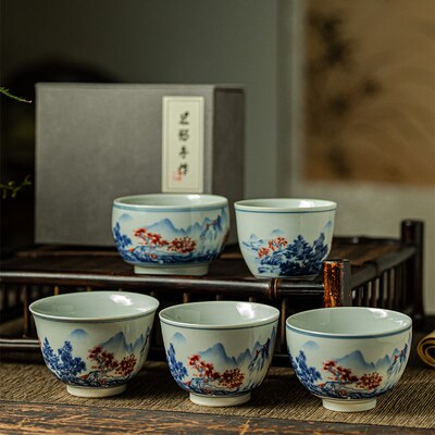 田园青花瓷茶杯单杯主人杯见影釉中彩复古茶N杯品茗杯子仿古山水