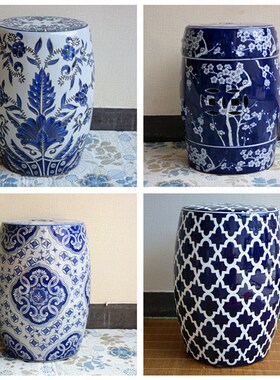 手绘青瓷换鞋凳陶瓷鼓凳浴室新古典仿古筝鼓墩坐墩矮凳