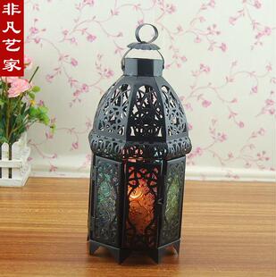 欧式田园黑色镂空铁艺压彩色防风灯蜡烛台婚庆家居装饰摆设