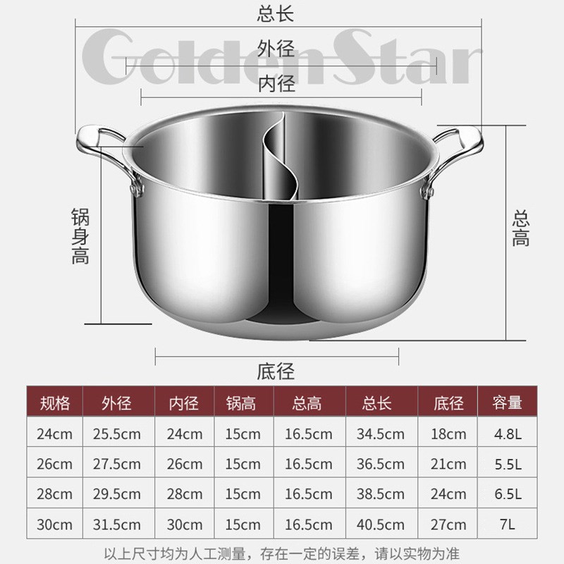 威仕加深串串火锅不锈钢三层钢火锅鸳鸯锅商用大容量火锅盆