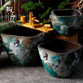 复古陶瓷仿古大缸浮世绘鱼缸落地庭院园林粗陶手工流水水景盆