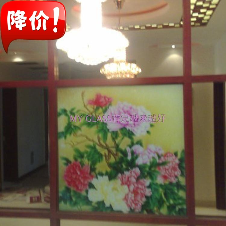 中式雕刻工艺术玻璃隔断玄关屏风透光电视背景墙富贵牡丹枝繁叶茂