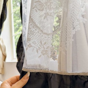 法式 复古遮光窗帘赫本风黑色荷叶边层布纱一体宿舍小窗帘隔断帘