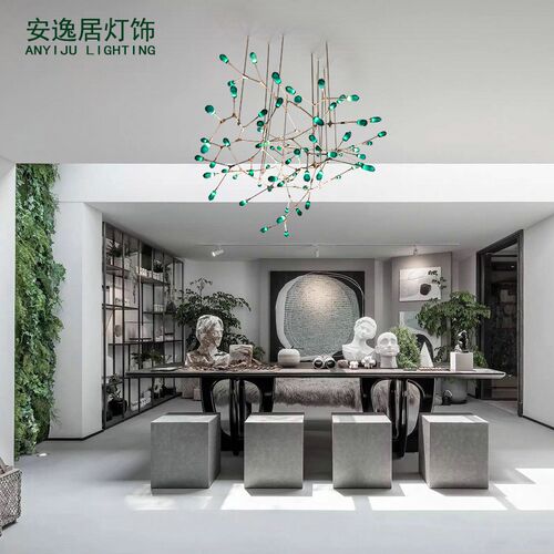 手工琉璃绿色树枝分子酒店别墅前台楼盘萤火虫灯具