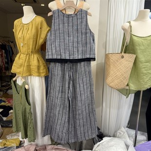 新款 无袖 小衫 时尚 阔腿长裤 女2q025夏季 背心 两件套 竖条纹苧麻套装