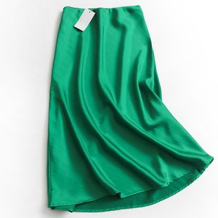Y616纯色高腰显瘦修身 2022长裙百搭女裙半身裙 缎感A字裙B春夏新款