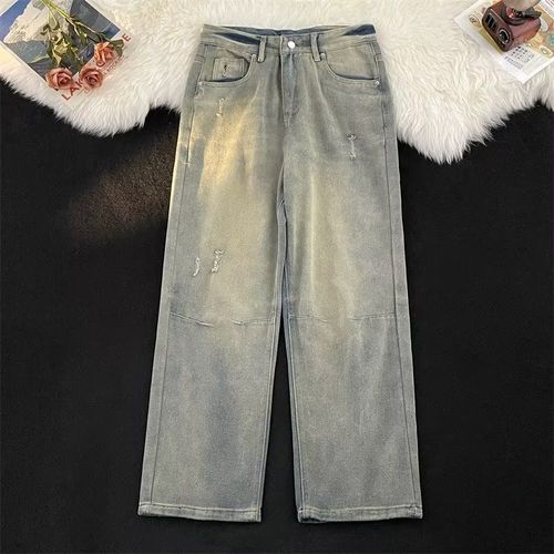 2023秋季黄泥k色牛仔裤男童装宽松阔腿裤复古水洗做旧直筒拖地长
