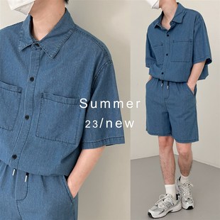 薄款 五分裤 牛仔套装 衬衫 休闲百 男帅气水洗两件套工作服短N袖 夏季