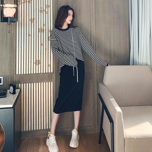 春秋胖m韩版 半身针n织a字型裙显瘦高腰百搭中腰弹力卫衣黑灰中长