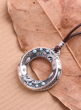 S999锦鲤鱼纯银项链烧蓝双鱼平安