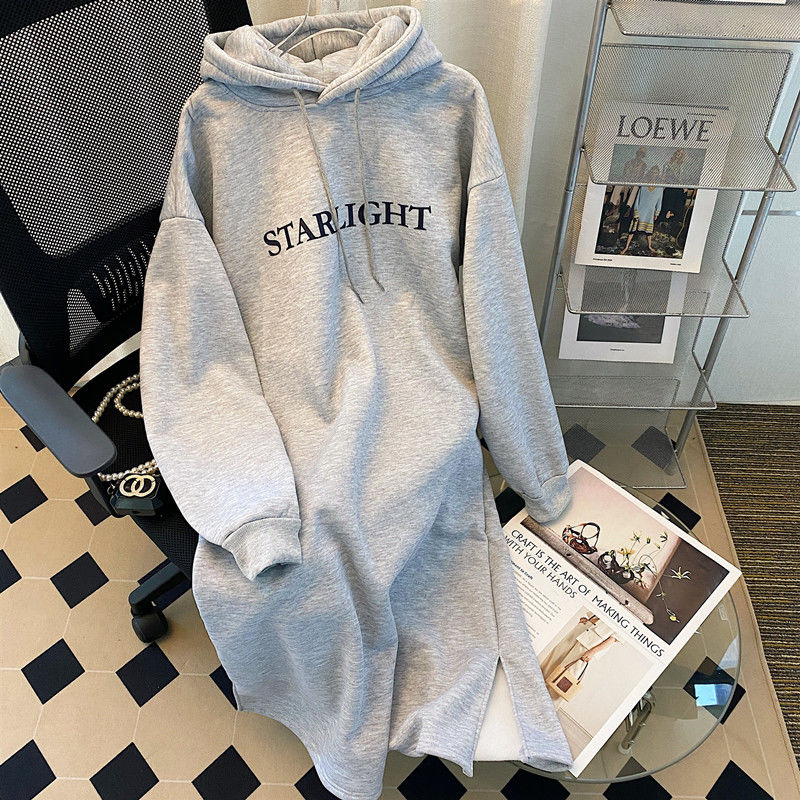 美式长款连帽纯棉卫衣裙女秋冬季