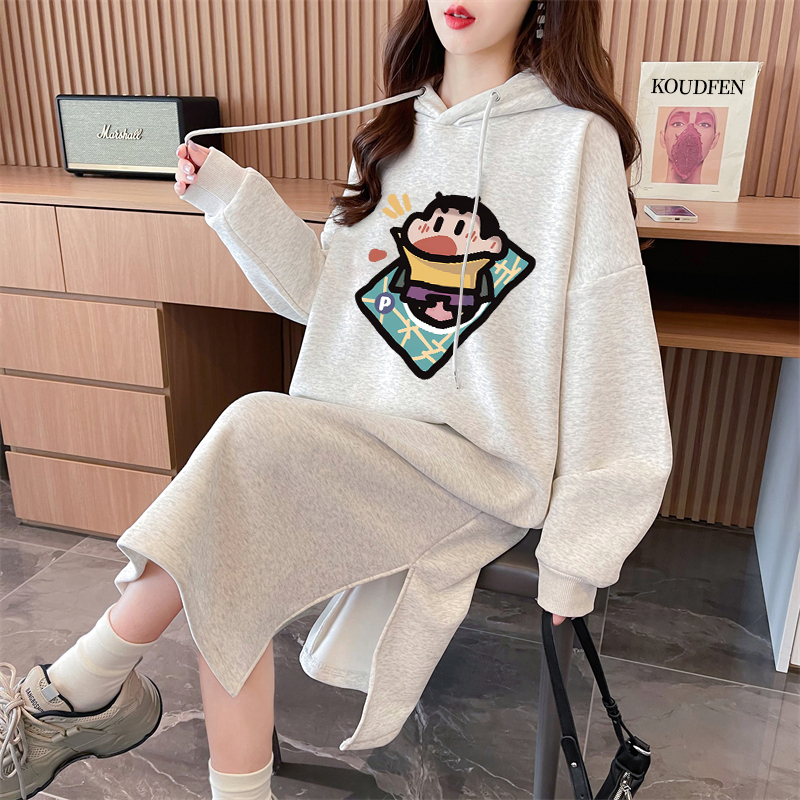 连帽纯棉卫衣裙女装宽松秋冬加绒