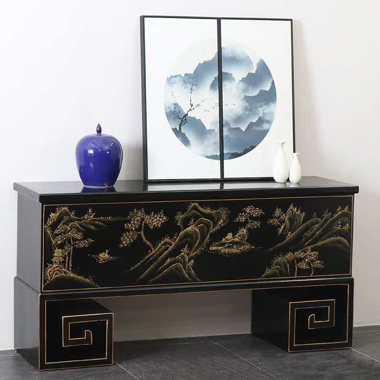 现代中式玄关装饰储物柜新中式彩绘家具手绘山水漆柜入门玄关案台