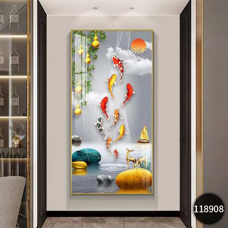 新中式现代简约九鱼聚福入户玄关过道走廊客厅酒店装饰画壁挂画图片