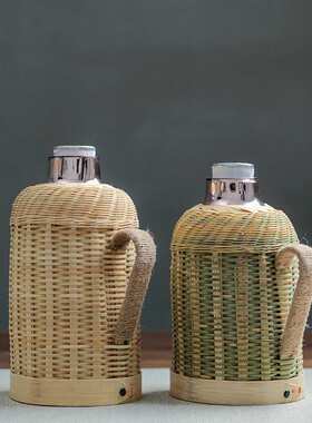 批手工传统热水瓶玻璃内胆保温保冷木塞闷茶壶竹编热水壶电振尾荣