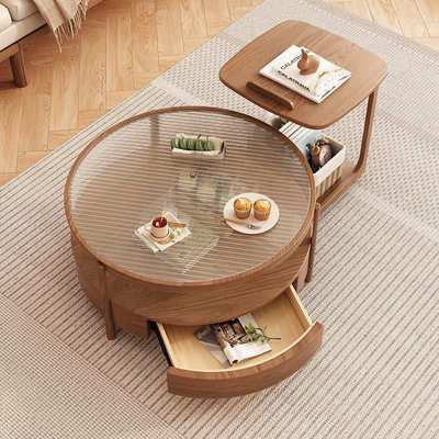 北欧玻璃圆形茶几组合简约日式原木风小户型客厅家用实木边几家具