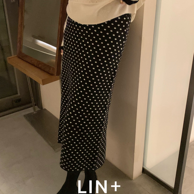 LIN+  -甜妹减龄蝴蝶结波点开叉复古A版半身裙（含100绵羊毛）