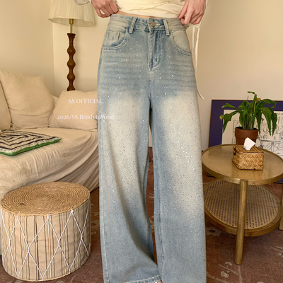 AS OFFICIAL-复古风水洗渐变直筒裤烫钻工艺点缀牛仔裤(自带高光)