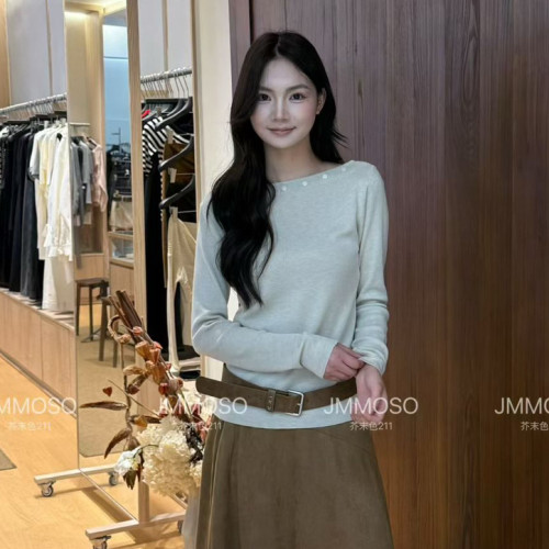 JMMOSO-慵懒松弛感气质一字肩斜肩钉珠显瘦长袖针织衫XC2206