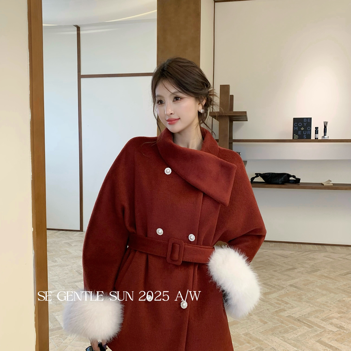 SE GENTLE SUN-系千金法式复古羊毛呢大衣(配袖口毛绒)（含20羊毛