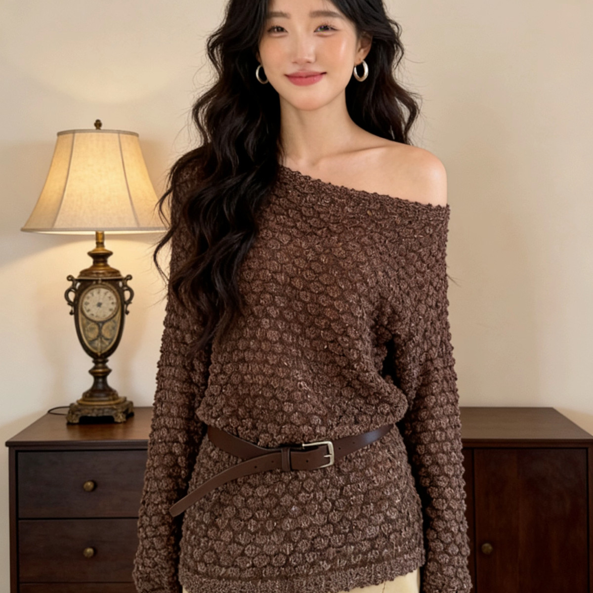 ZY GODDESS-福利款韩版简约气质菠萝纹肌理感慵懒针织衫(配腰带)