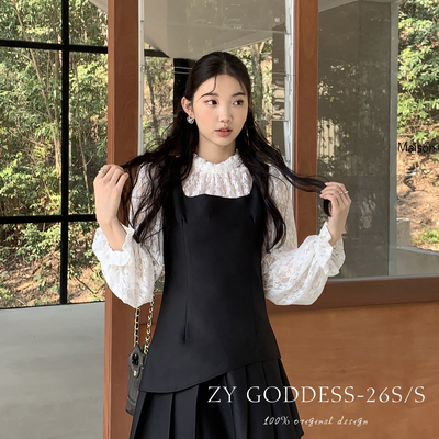 ZY GODDESS-千金风气质拼接压褶背心连衣裙+立体珍珠领蕾丝衫套装