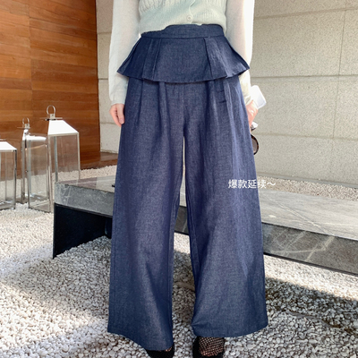 SANTA GROVE-6年夏上新亚麻荷叶边薄款显高百搭阔腿休闲裤S265061