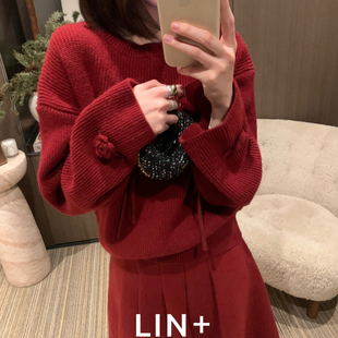 含15.2兔毛 浪漫保暖毛衣 LIN 头兔毛钩花系带氛围感粗针法式