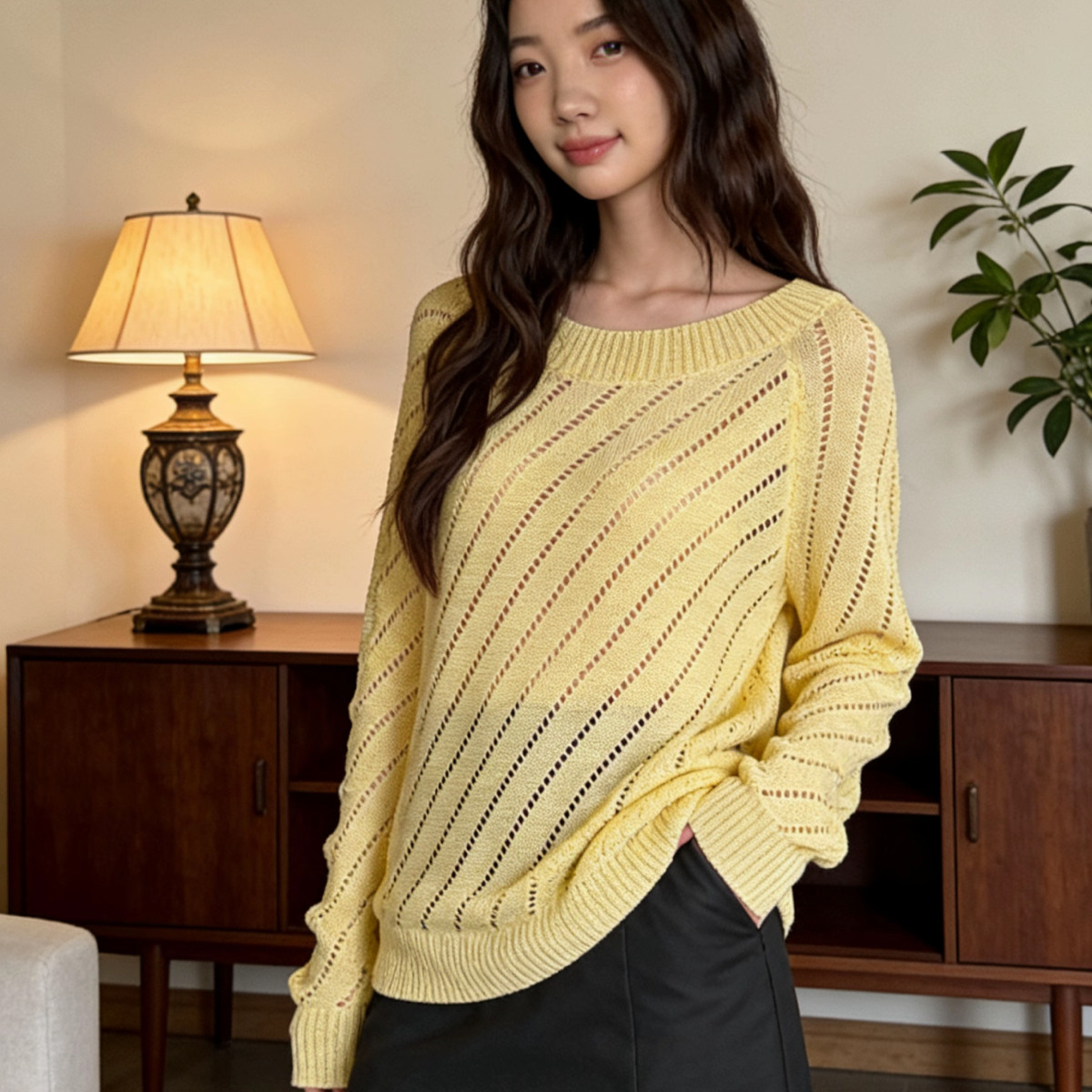 ZY GODDESS-早春韩版日常简约圆领宽松小镂空百搭防晒针织衫