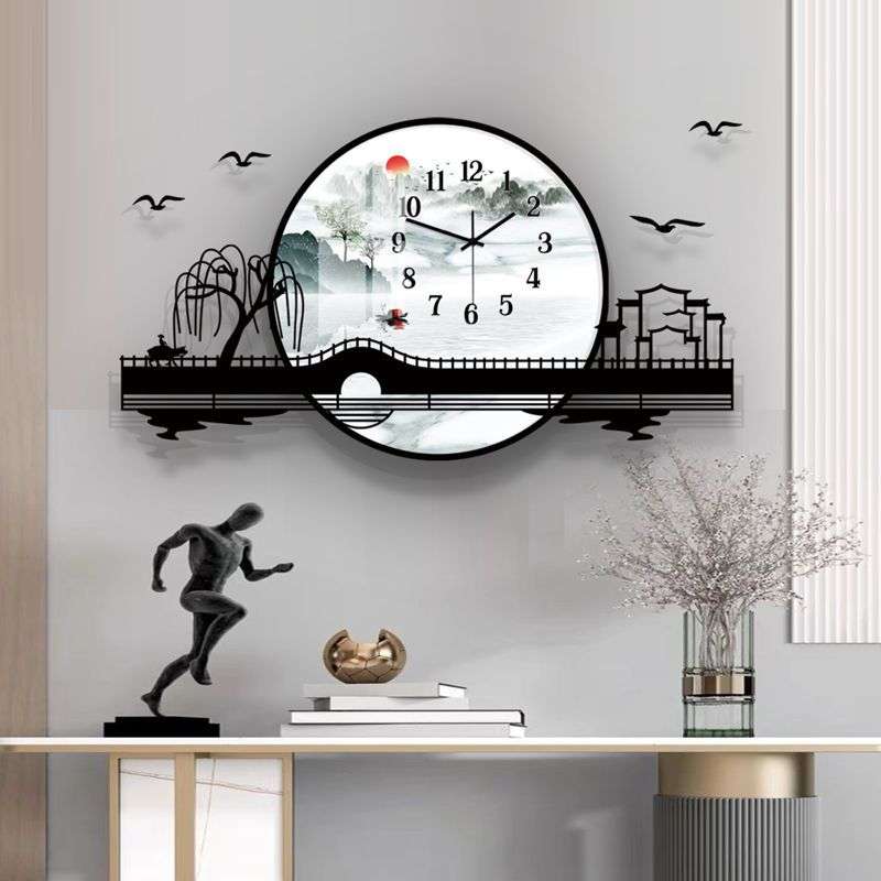 新中式钟表挂钟客厅静音山水装饰画石英钟现代简约创意时钟挂画表