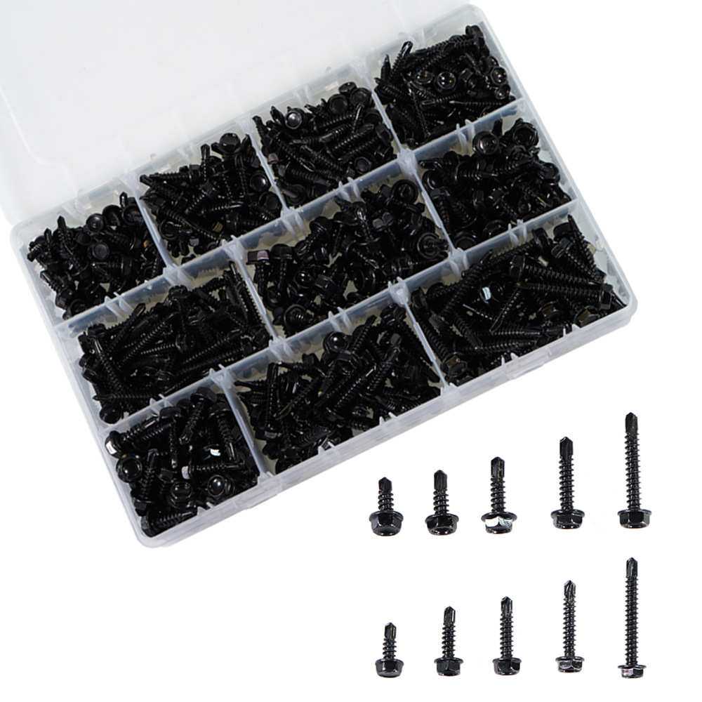 460pcs 410不锈钢黑锌六角华司钻尾燕尾钉金属专用螺丝套装8#10#