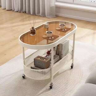 奶油风玻璃茶几小户型沙发移动客厅小桌子现代侧边床头边柜小推车