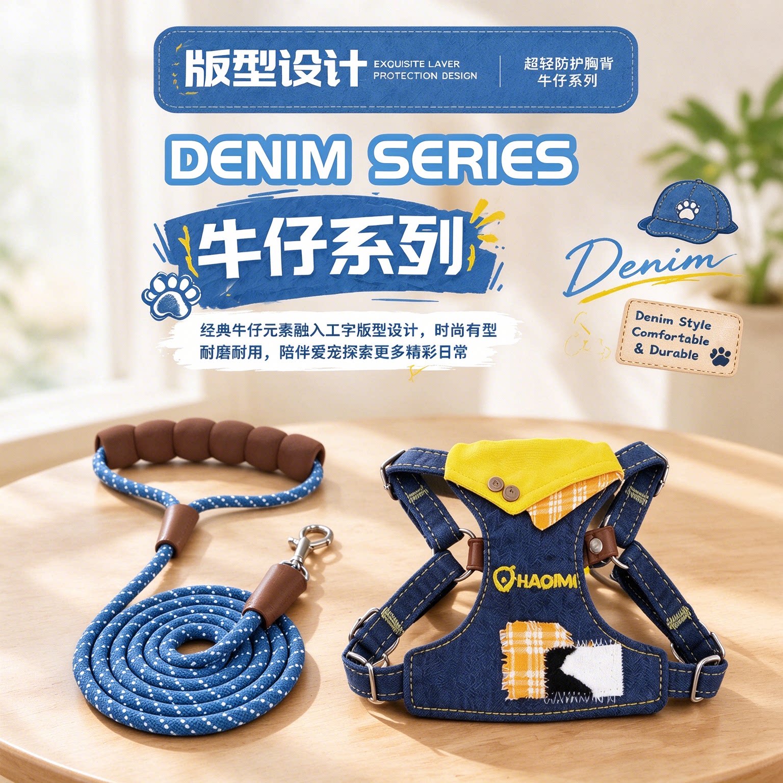 狗狗牛仔胸背带牵引绳套装小型犬背心式遛狗绳防挣脱宠物外出用品