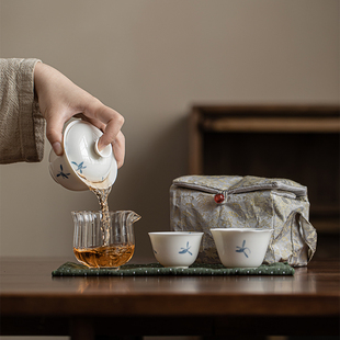套装 舍己旅行茶具套组小清新手绘兰花盖碗茶杯可携式 户外防烫手茶