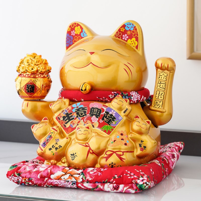 生意兴隆招财猫摆件金黄色店铺开业送礼收银台发财猫自动摇手电动
