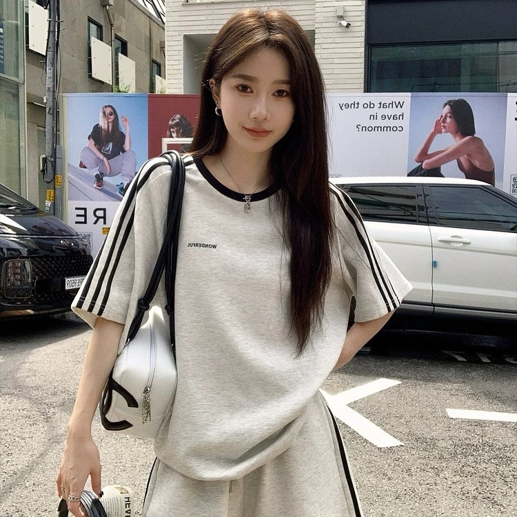 纯棉美式休闲运动服套装女夏学生宽松韩版时尚短袖短裤跑步两件套