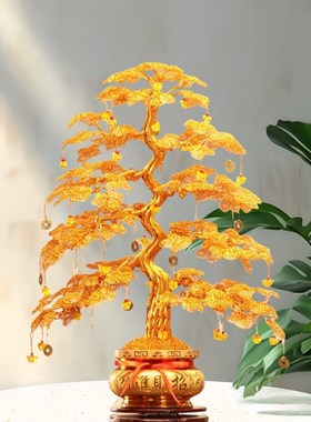 纯手工编织金丝线发财树摆件招财摇钱树开业乔迁新居礼品客厅装饰