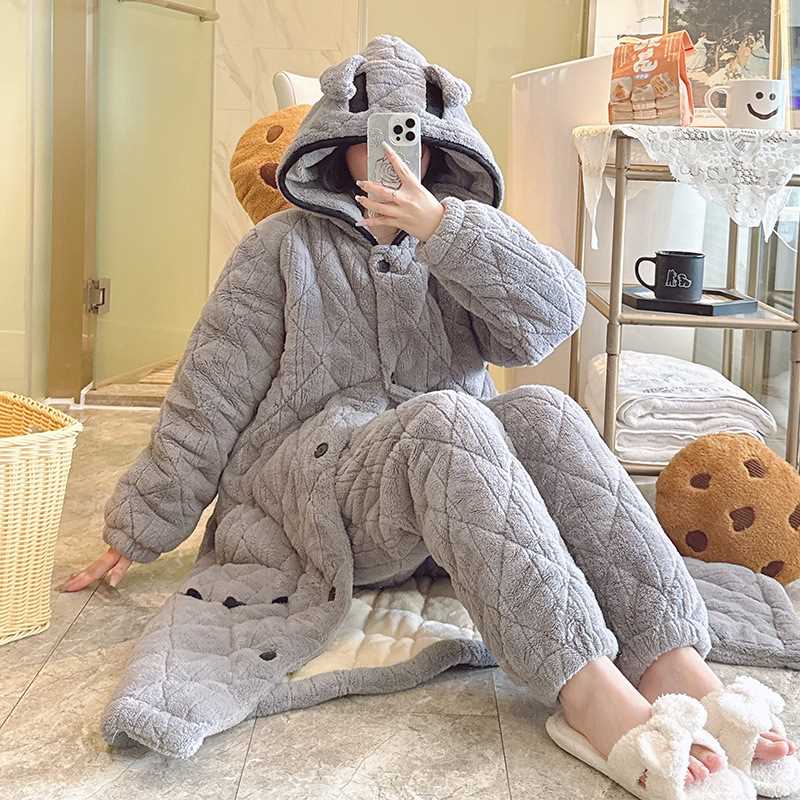 连帽灰色可爱睡衣女冬季珊瑚绒三层夹棉加厚中长款睡袍家居服套装