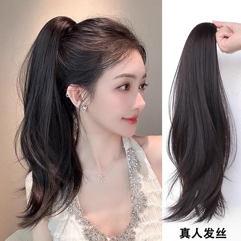 真发抓夹马尾假发辫子女微卷蓬松长辫H子发饰网红超轻盈短发高马