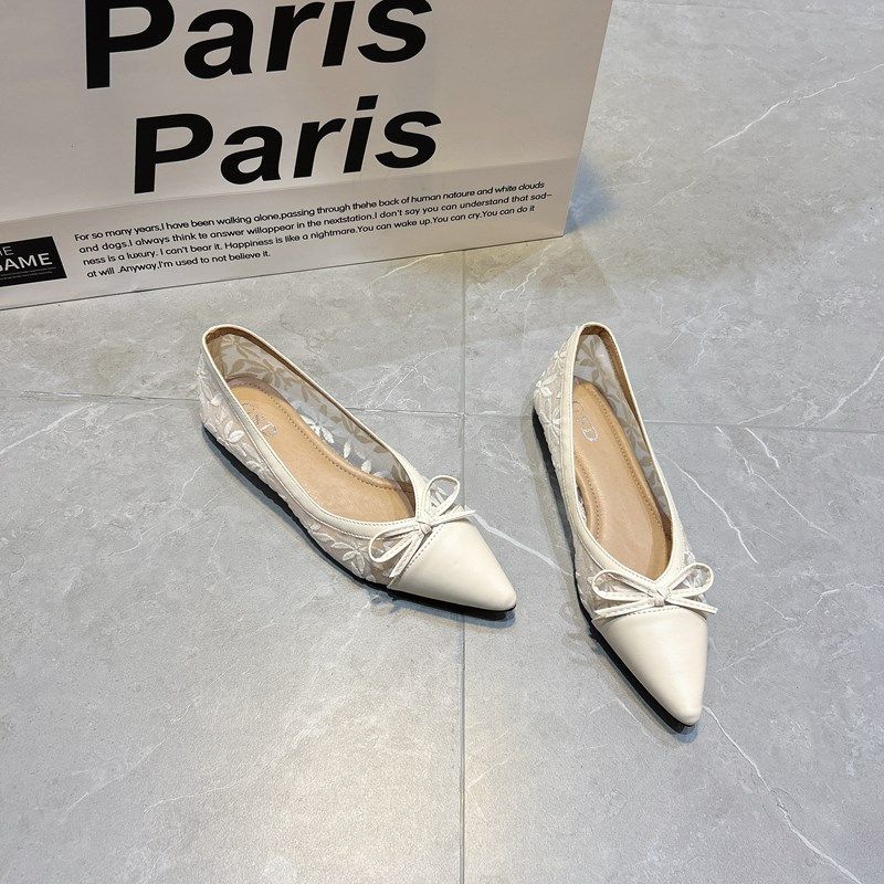 2025夏季新款浅口蕾丝网面尖头平底单鞋透气P仙女风凉鞋黑色工作,女鞋,浅口单鞋,淘宝优惠券,粉丝福利购,淘宝优惠卷