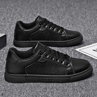 男鞋纯黑色板鞋韩版潮流休v闲皮鞋百搭全黑色英伦鞋黑底工作上班