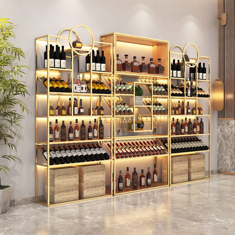 落地铁艺酒柜酒庄红酒展示柜发光红酒架I靠墙葡萄酒收纳展示架定